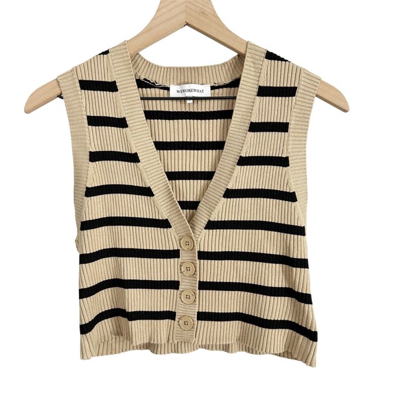 WeWoreWhat Sweaters - WeWoreWhat Striped Button Front Cropped Cardigan Sweater Vest Tan Small Academia